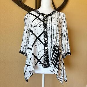 Ali Miles Black/White Button Oversized Tunic Asymmetric Art Blouse Women’s PM